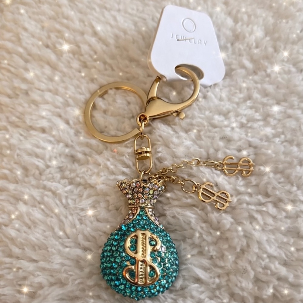 Rhinestone Money Bag Keychain Charm – Gold Tone Bling Dollar Sign
